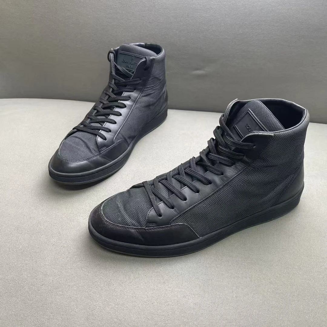 95新 LouisVuitton/路易威登 黑色尼龙面棋盘格高帮板鞋 39.5码