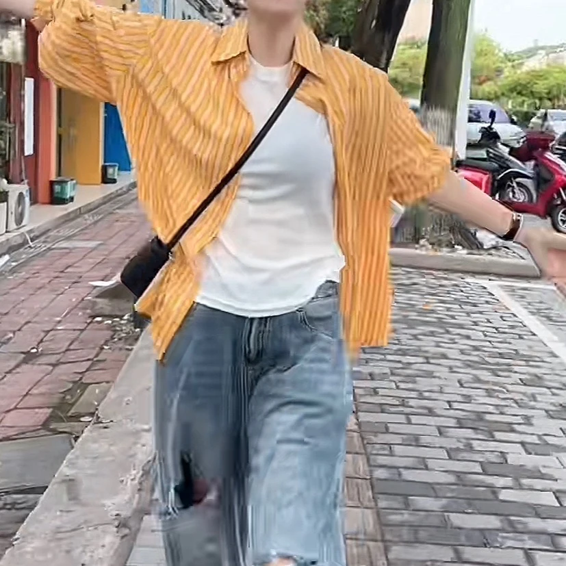 欧货黄条纹后开叉衬衣