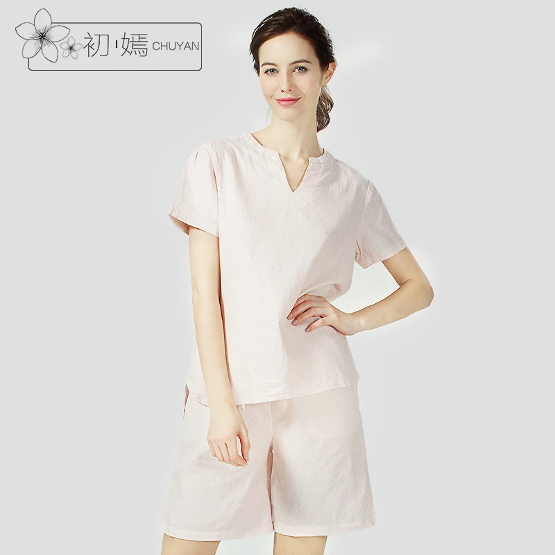 女款双层纱布高密透气短袖套装V领套头衫夏季薄款宽松春夏上衣