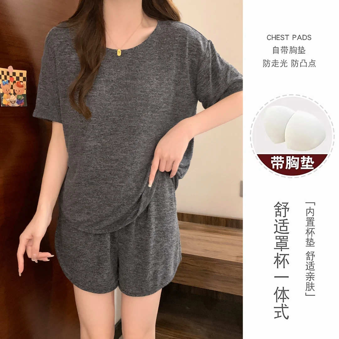 短袖睡衣女夏季带胸垫2025新款夏天性感运动短裤薄款宽松休闲套装