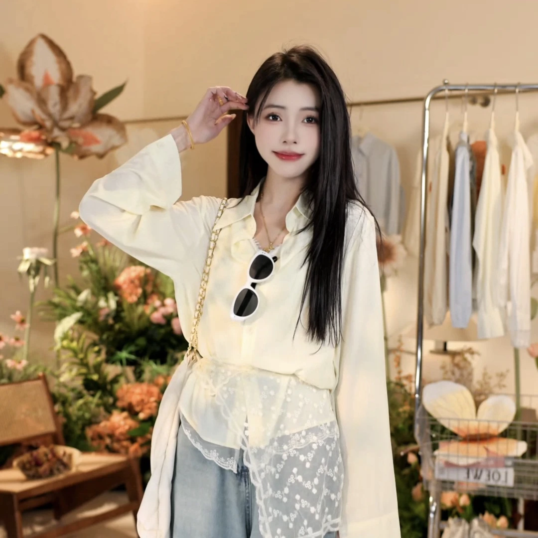 法式气质蕾丝披肩纯色设计感小众长袖衬衫女2025春季洋气上衣822