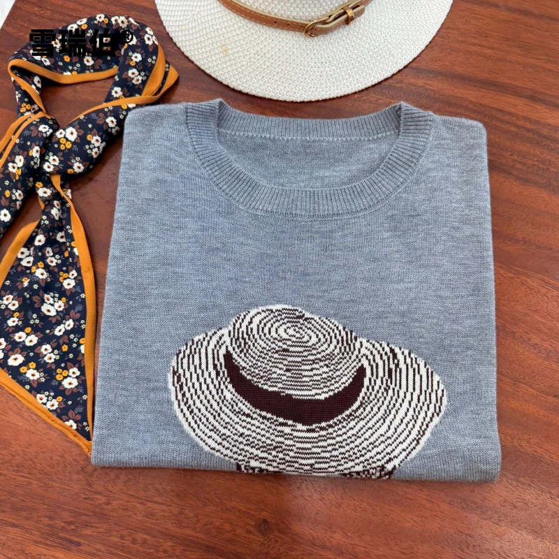 【超薄款桑蚕丝】草帽提花春夏季灰针织衫圆领女装打底衫T恤短袖712