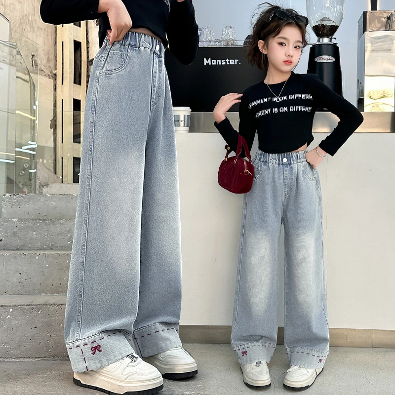 女童春秋季裤子2025初中生女孩6-12岁休闲儿童春装韩版牛仔阔腿裤