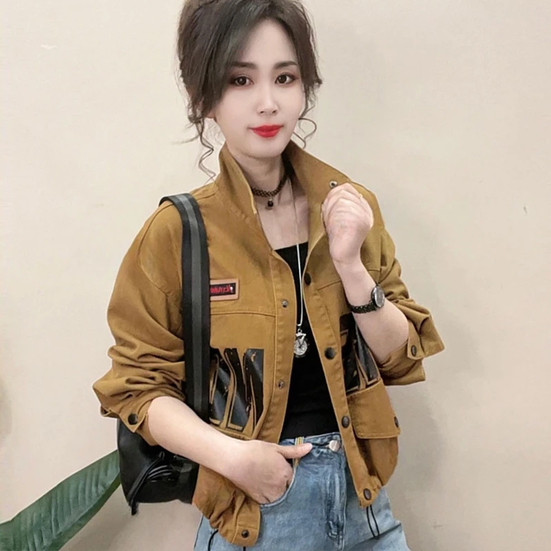 纯棉时尚立领牛仔短外套女士2025年春季新款韩版洋气字母短款上衣