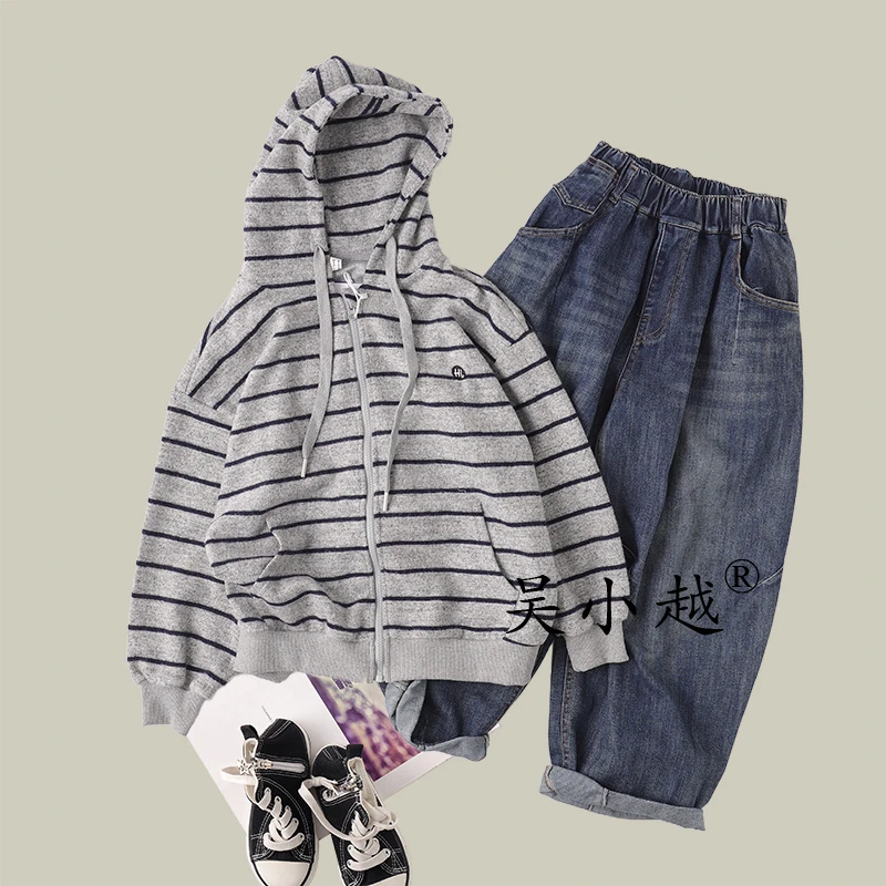 吴小越w1598男童秋装连帽条纹套头卫衣长袖中大童儿童打底衫