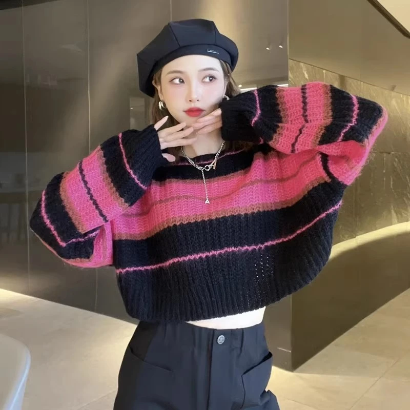 阿家女装2025秋冬新款短款宽松外穿灯笼袖条纹针织毛衣女5399571
