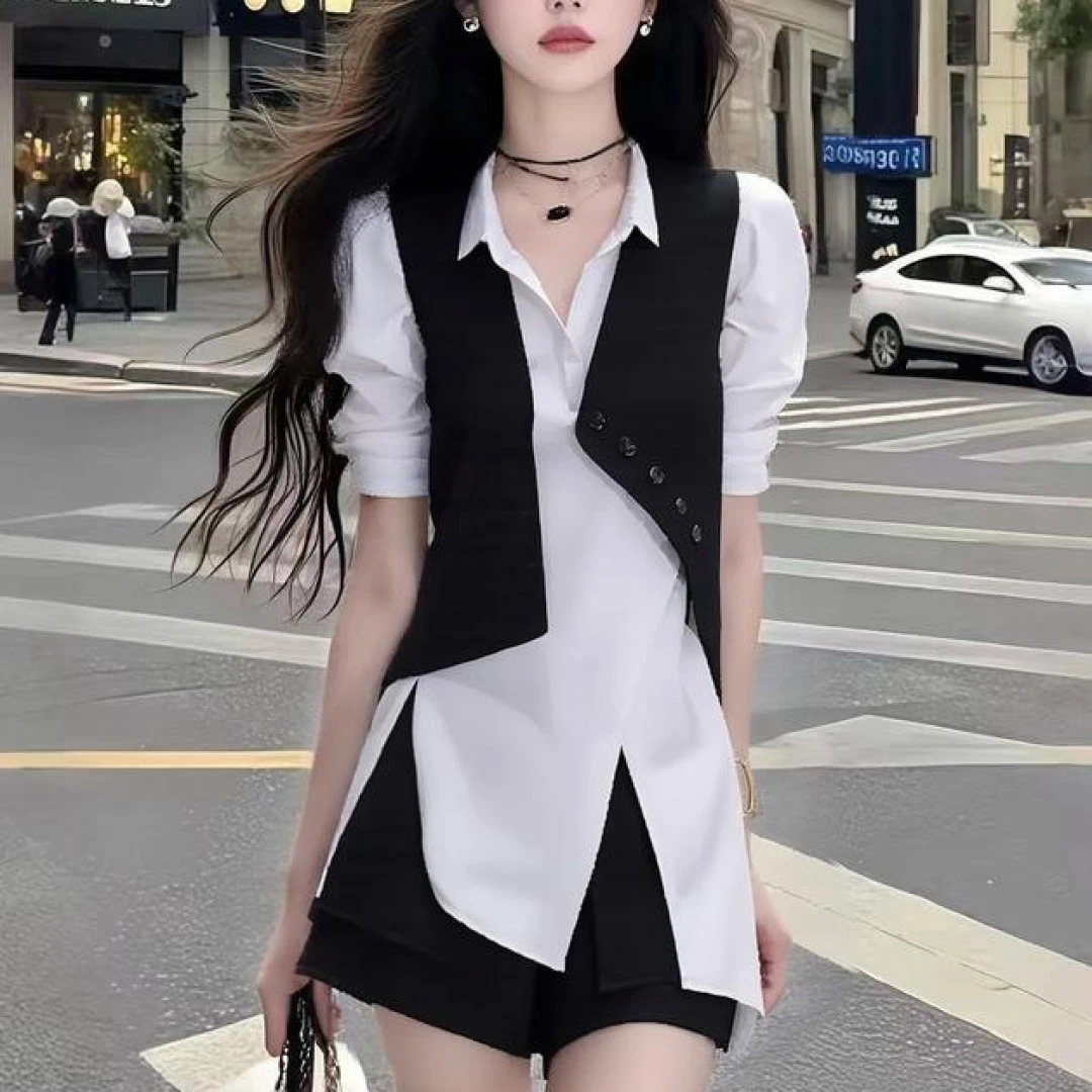 2025夏季新款小众设计不规则Polo领短袖修身两件套时尚百搭女装