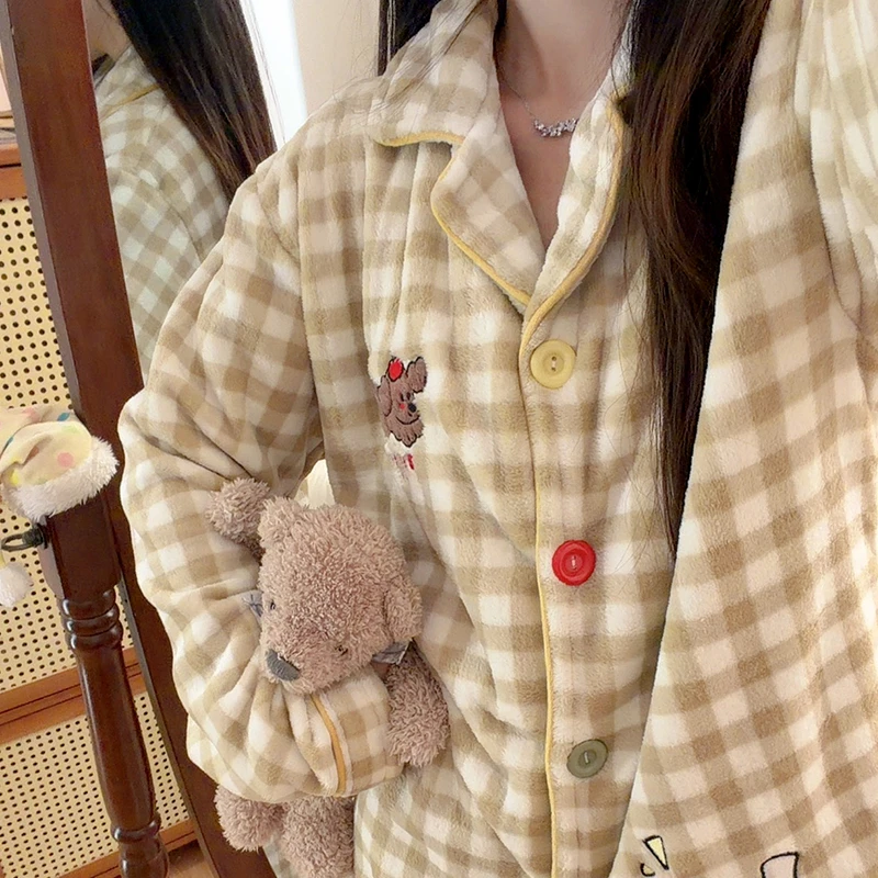 睡衣女秋冬季棕格苹果小狗长袖长裤韩版甜美法兰绒加厚家居服套装