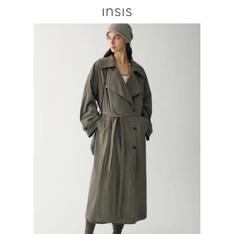 INSIS FEMME纸感混色高密棉锦2025新款大翻领慵懒宽松风衣外套女