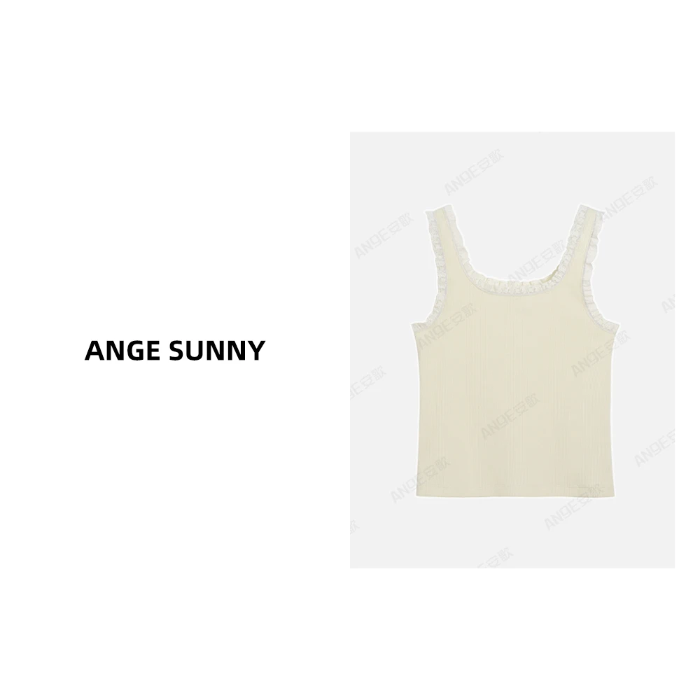 ANGE SUNNY【蕾丝边徽标背心】小m*u风无袖圆领纯色上衣百搭小众