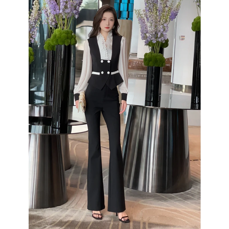 格润雅正式场合精致两件套2025新款设计感拼接上衣高腰微喇裤套装