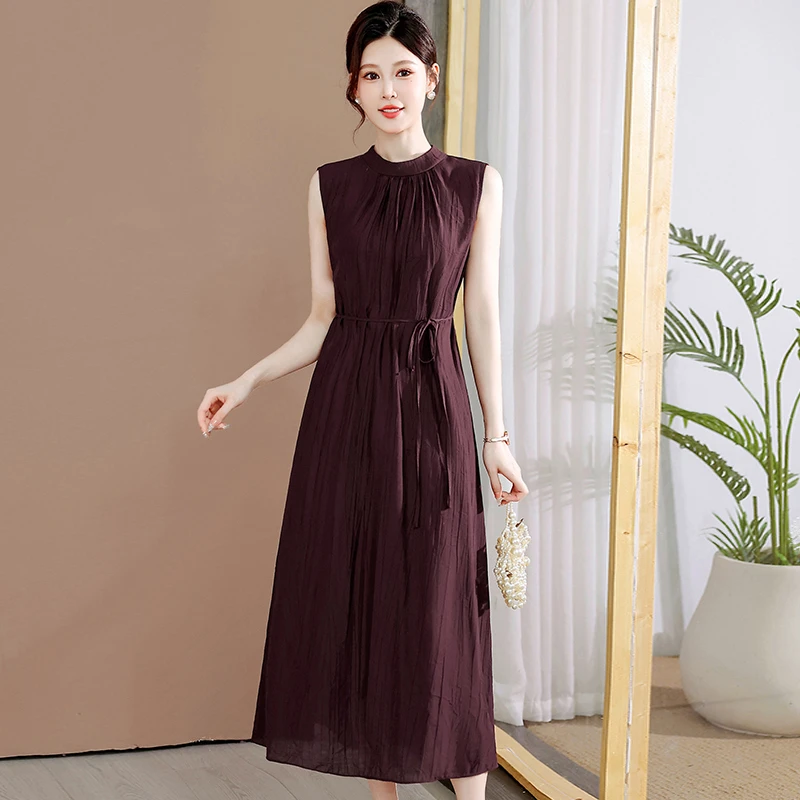 连衣裙显瘦气质长裙夏季收腰无袖女装洋气时尚复古中长款修身纯色