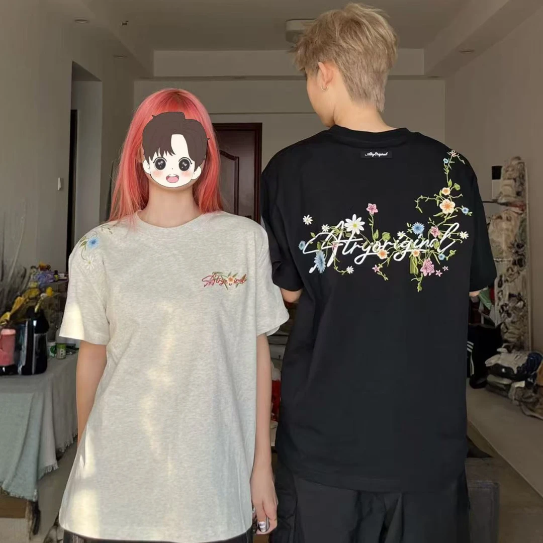 美式复古花卉刺绣短袖男生t恤夏季新款潮牌半截袖重磅纯棉情侣装