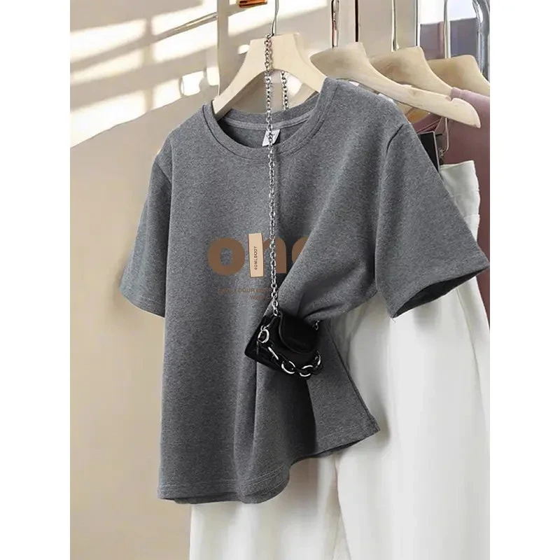 正肩圆领磨毛厚款短袖t恤女时尚百搭减龄气质上衣2025早秋季新款