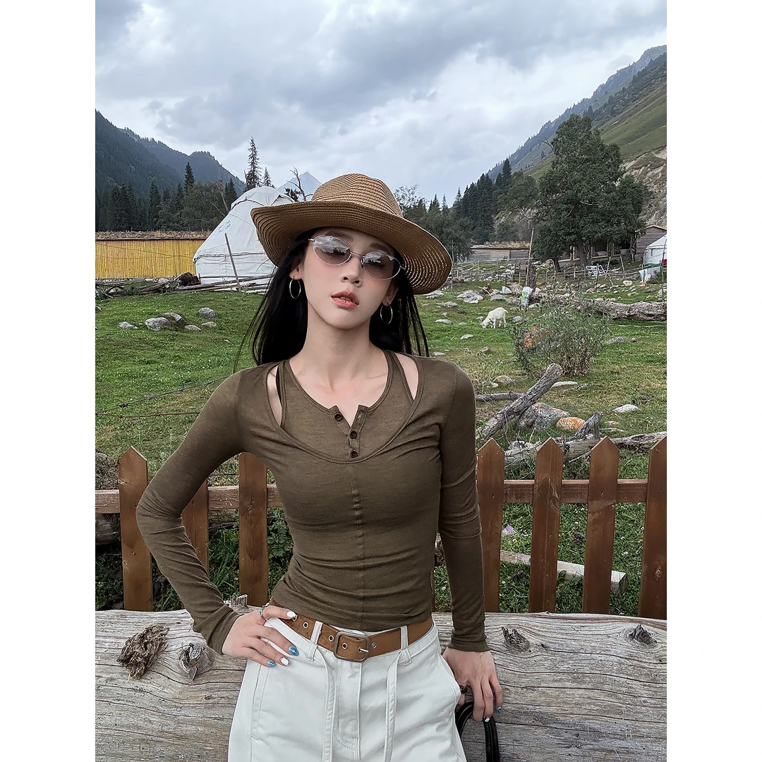 杨九七 圆领真两件针织长袖T恤女早秋修身显瘦时尚百搭上衣 7950