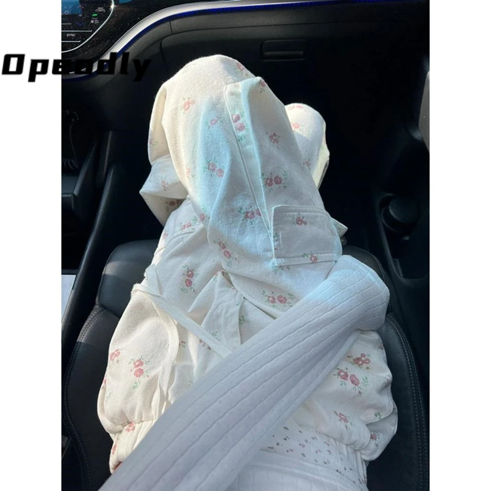 Opeodly美式水洗小碎花牛仔裤白色工装新款宽松显瘦设计感印花