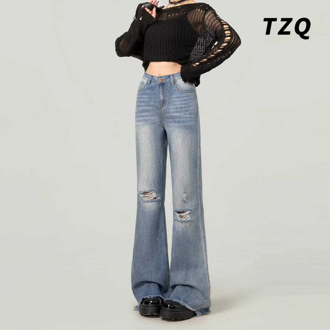 破洞高腰毛边微喇牛仔裤女春秋2025新款时髦喇叭拖地裤