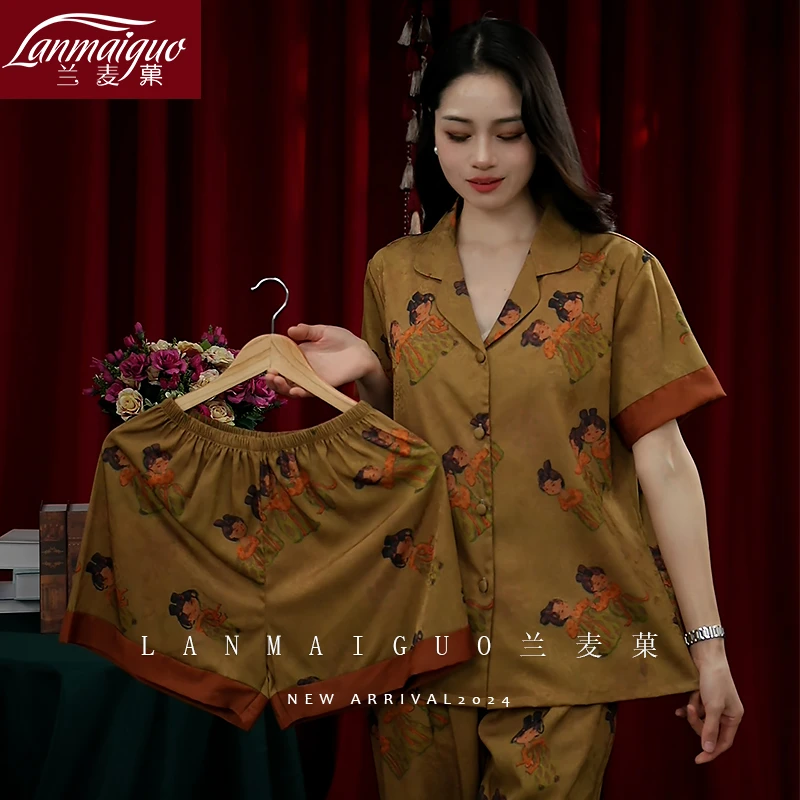 兰麦菓【小唐人】冰丝睡衣女夏季薄款新中式国风三件套家居服可外穿