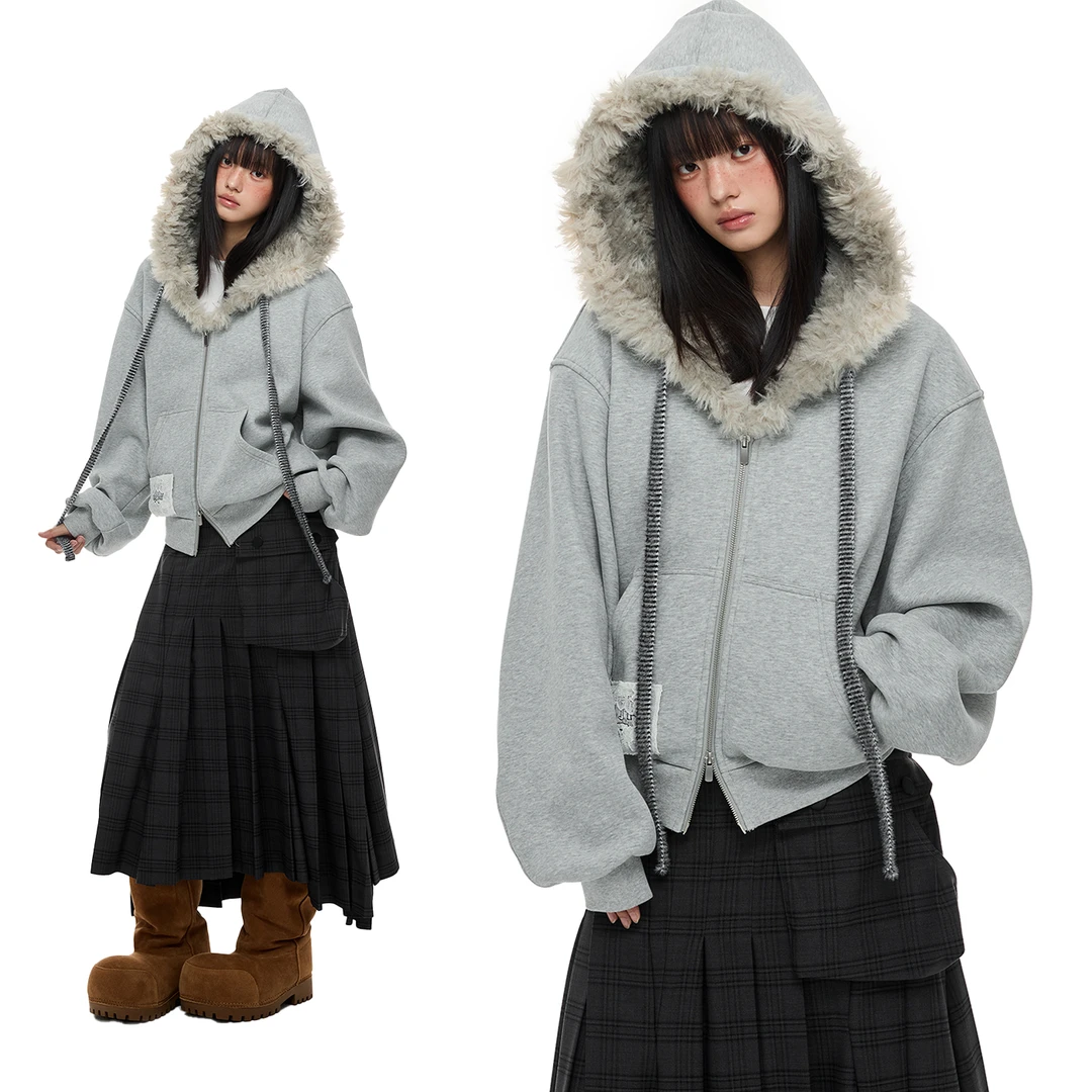 JIKOO【小狗歌剧团】灰色卫衣外套女冬季宽松毛毛领连帽加绒上衣