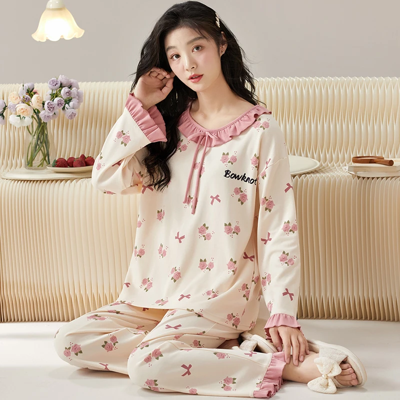 春秋睡衣长袖长裤口袋圆领薄款甜美可爱学生少女宽松四季家居套装