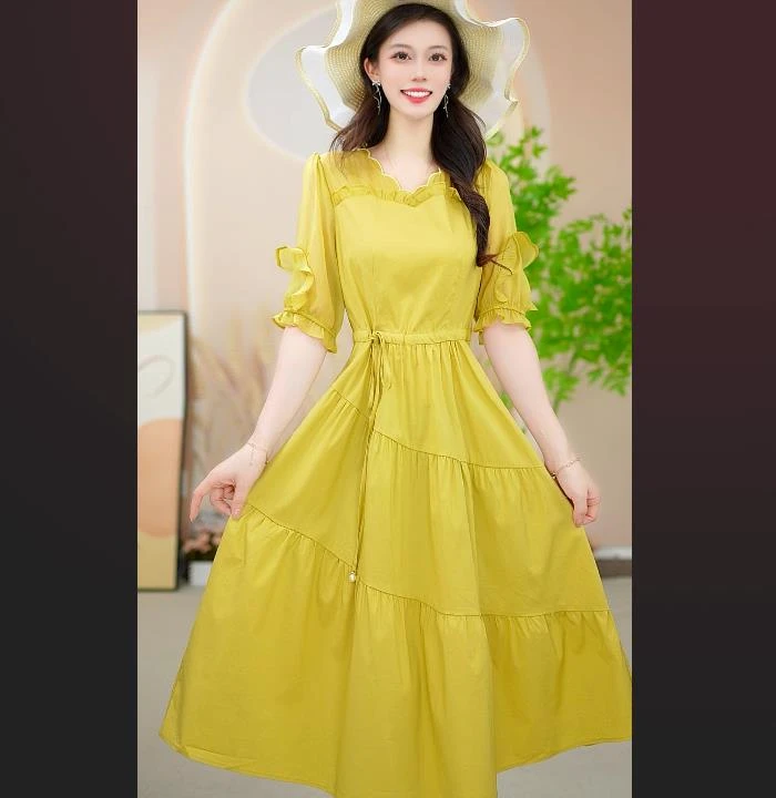 (现货)气质连衣裙夏季高腰显瘦泡泡袖裙子纯色不规则领型【0063】