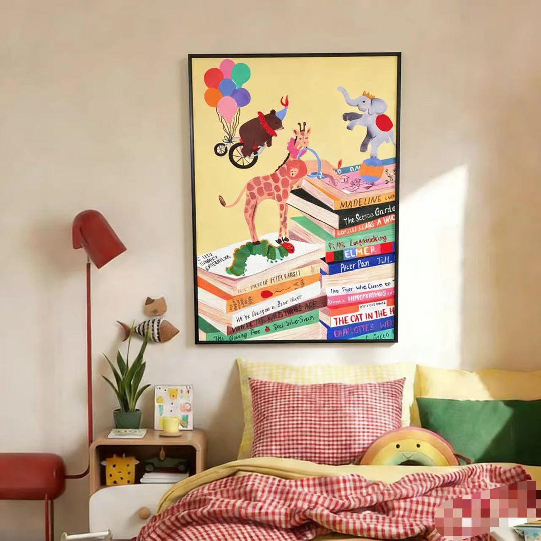 卡通多巴胺抽象动物书本砂岩高级感客厅沙发背景墙装饰画5070