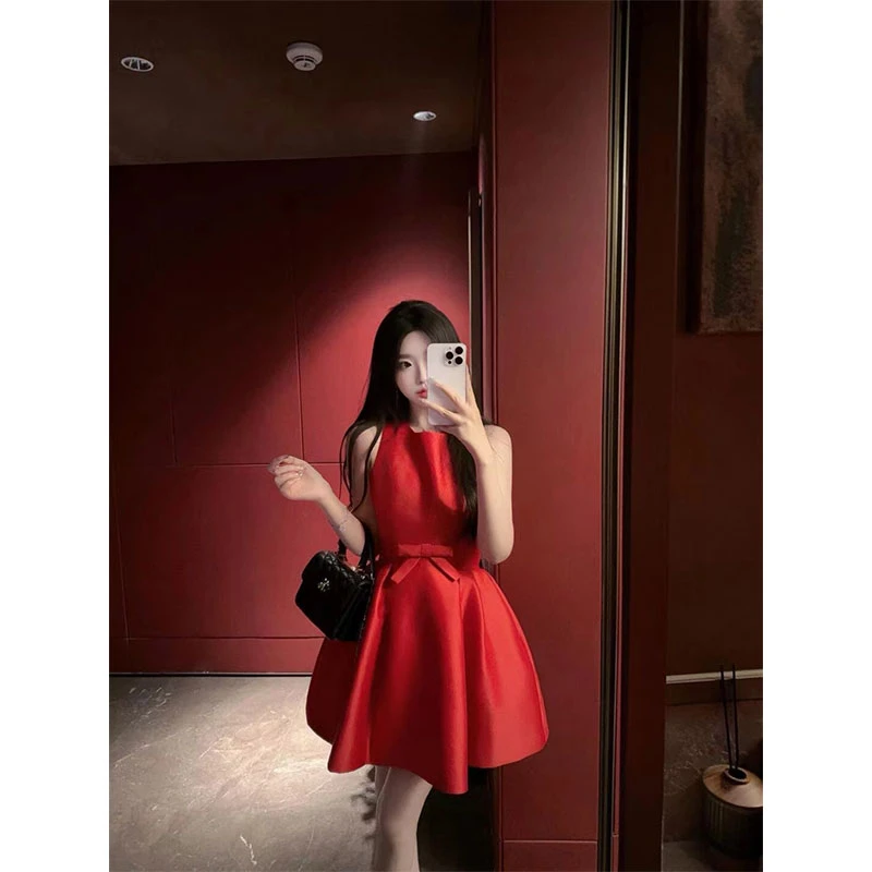 高级感古早圣诞生日派对缎面设计感蝴蝶结礼服小个子短款连衣裙女