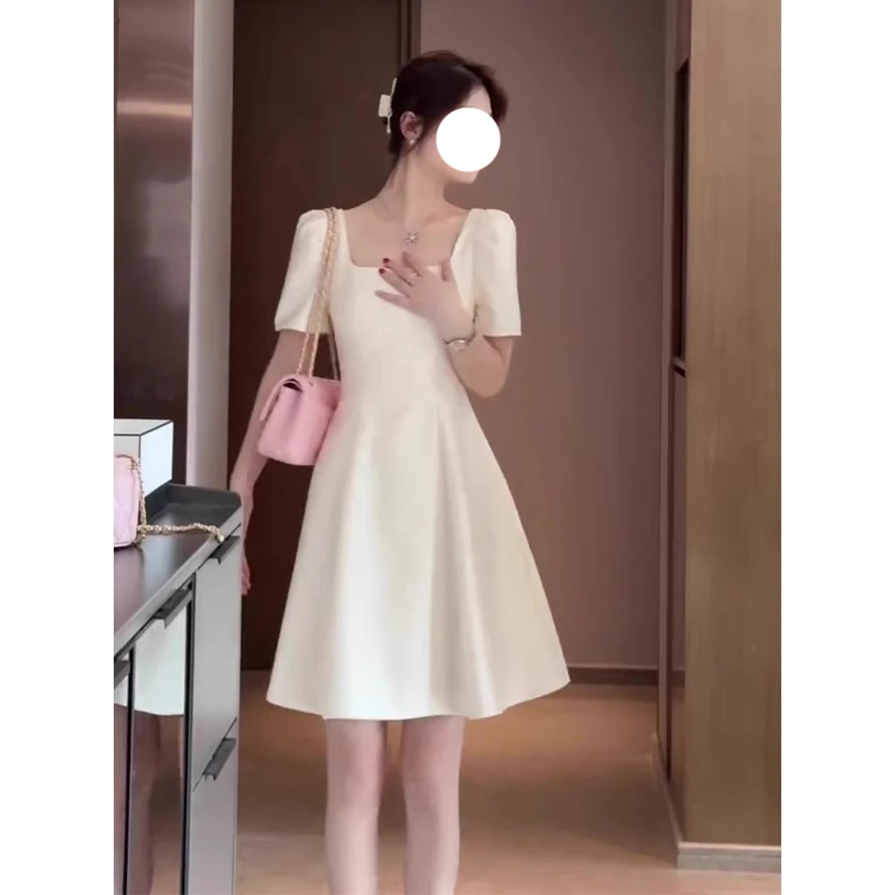 2025夏季新款法式高级感小个子a字裙收腰显瘦小香风白色连衣裙女