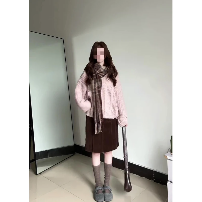 慵懒软糯麻花粉色毛衣女秋冬新款高腰显瘦半身裙套装