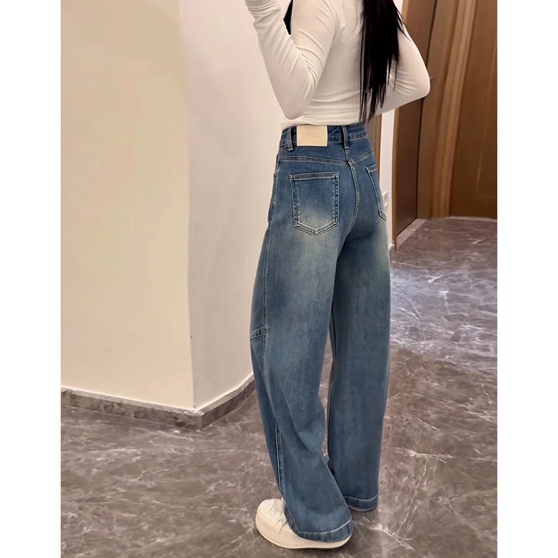 美思源复古弯刀阔腿裤2025春季新款牛仔裤女宽松垂感高腰直筒长裤