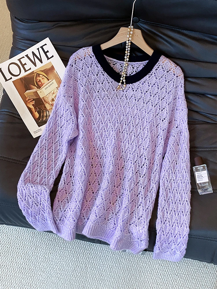 韩系时尚轻熟宽松显瘦针织衫2025秋季高级百搭通勤洋气镂空上衣女