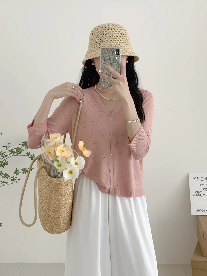 夏季薄款曲珠针织衫开衫气质女减龄镂空时尚百搭防晒上衣2433