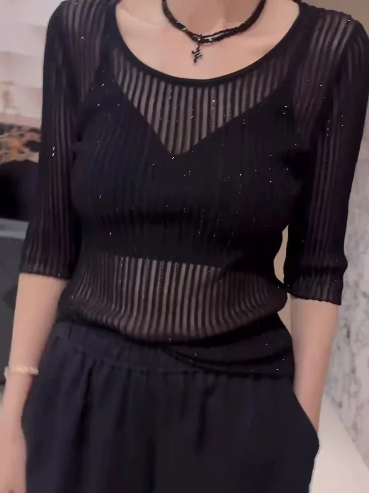 2025春夏新款时尚百搭修身显瘦气质天丝烫钻中领短袖