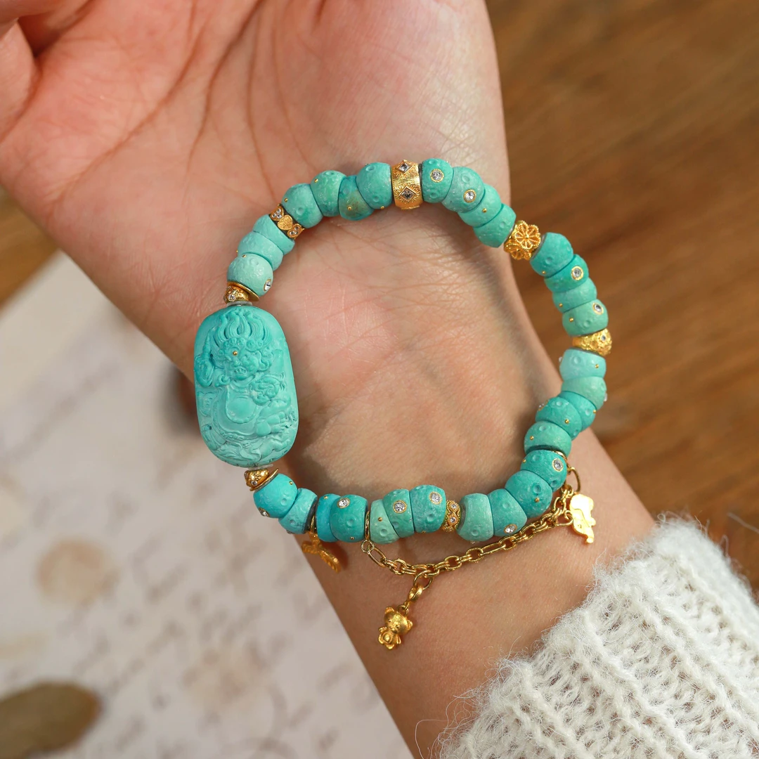 霖泽|绿松石大肠大黑天手链配饰18k金复古国风气质百搭时尚1231