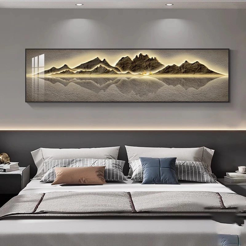 卧室床头装饰画现代简约横幅主卧晶瓷挂画轻奢高级单张铝合金边框