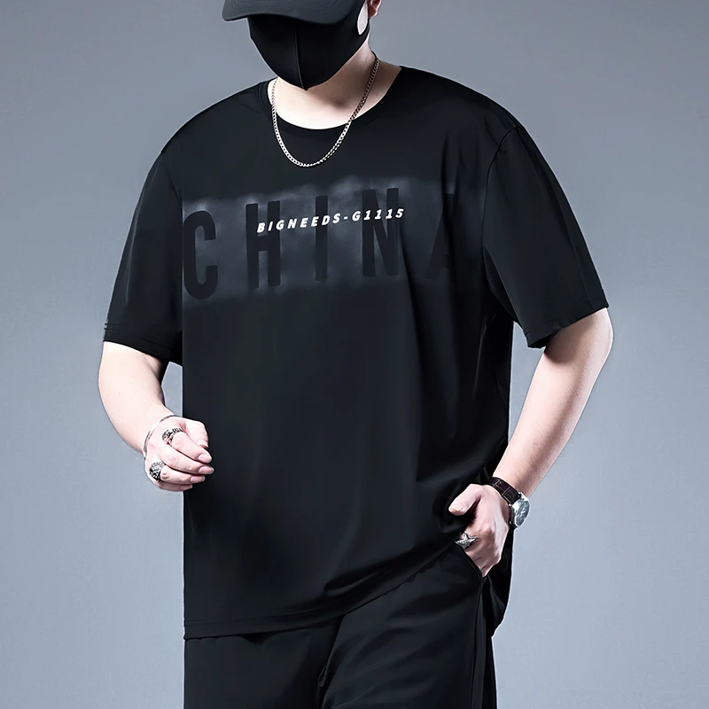 冰丝短袖t恤男加肥加大夏季胖子大码男装上衣宽松运动男士套装潮