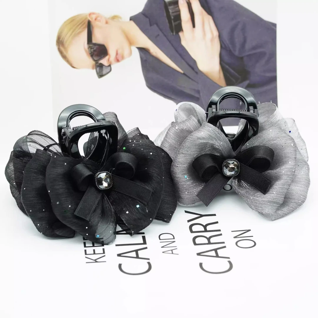 小懿家甄选【银丝方钻】7cm蝴蝶结抓夹女高级感发夹发卡丸子头夹子