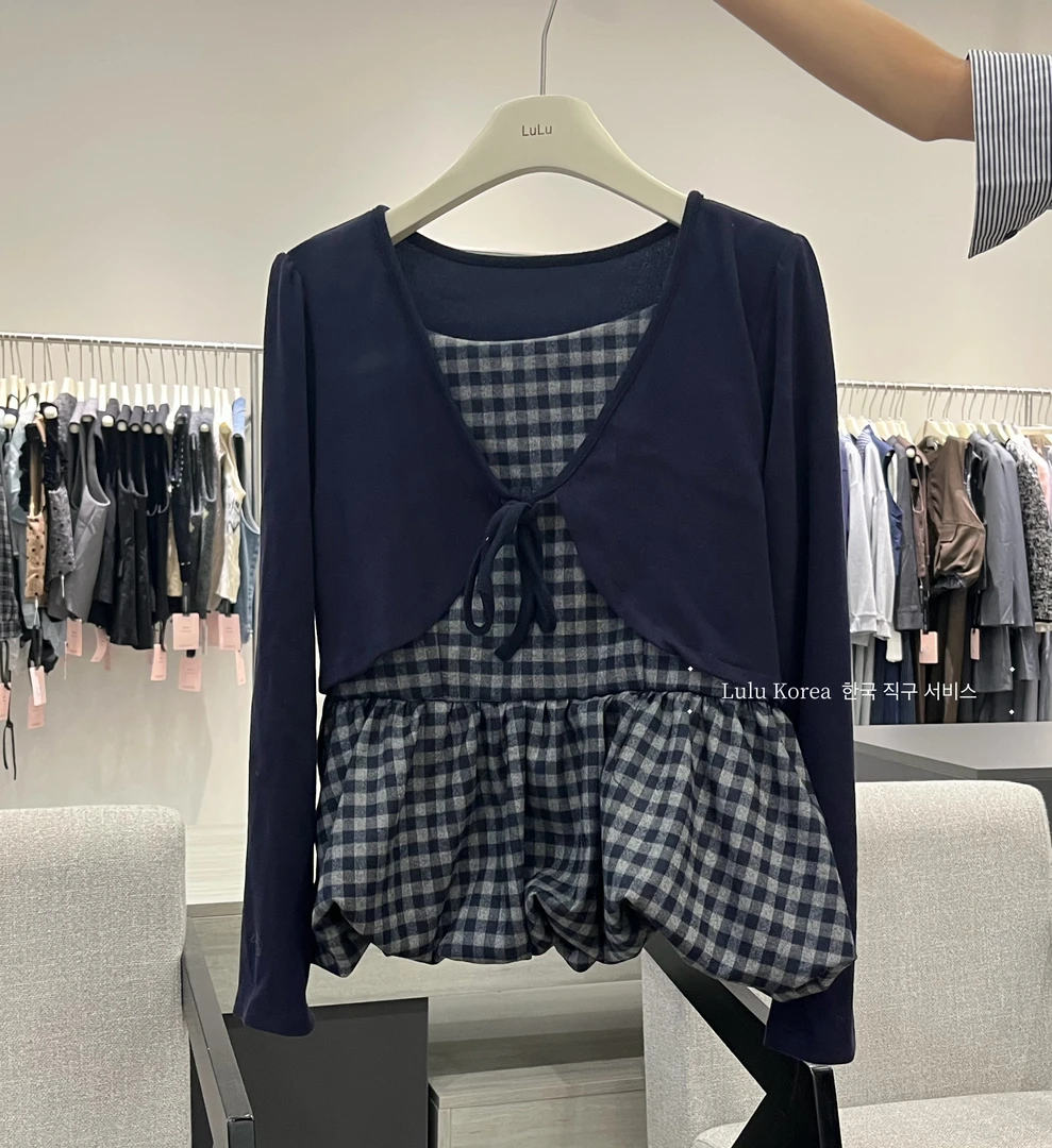（森女假两件）小众设计绑带开衫格子花苞上衣女开衫针织秋款3270