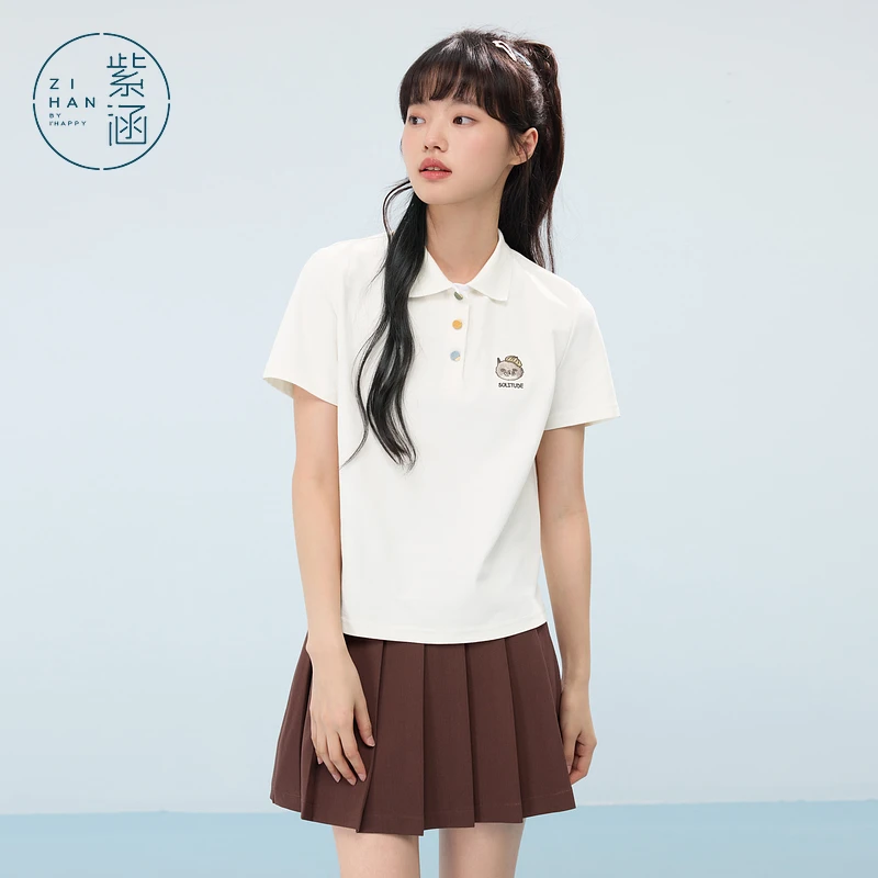 紫涵polo领短袖T恤女2025年夏季新款学院风猫咪 Z5Z03AN117上衣