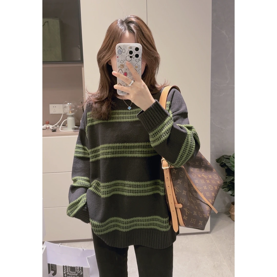 【阿玲实拍】2024新款女装慵懒风条纹针织毛衣女百搭高级感宽松上衣