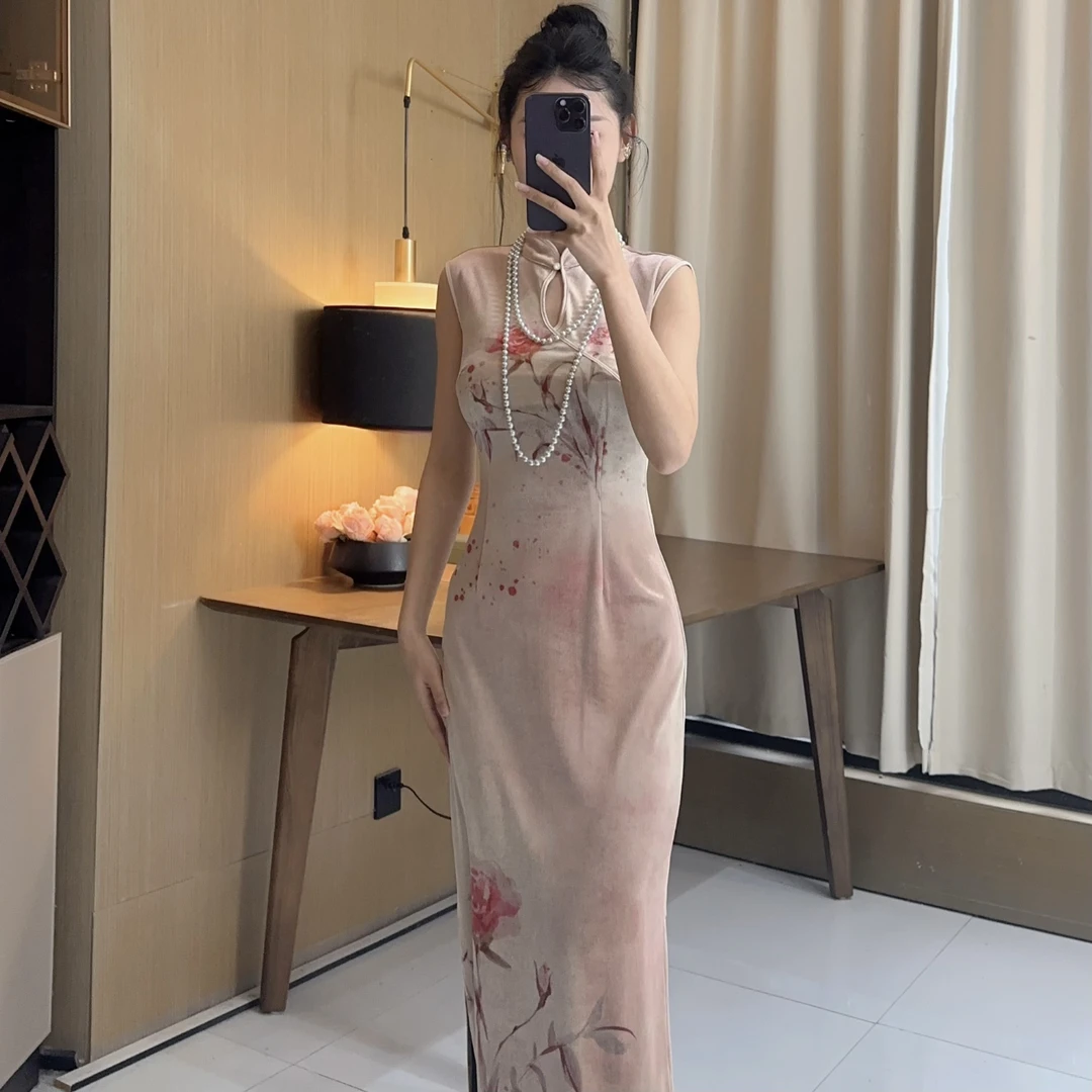 气质女人味轻奢立领无袖定位花绵云轻絮显瘦性感包身开衩连衣裙