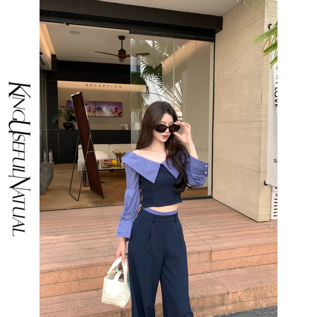 KUN【复古玩家】时尚宠儿 定制菱形格纹上下拼接抽褶藏青色早秋套装