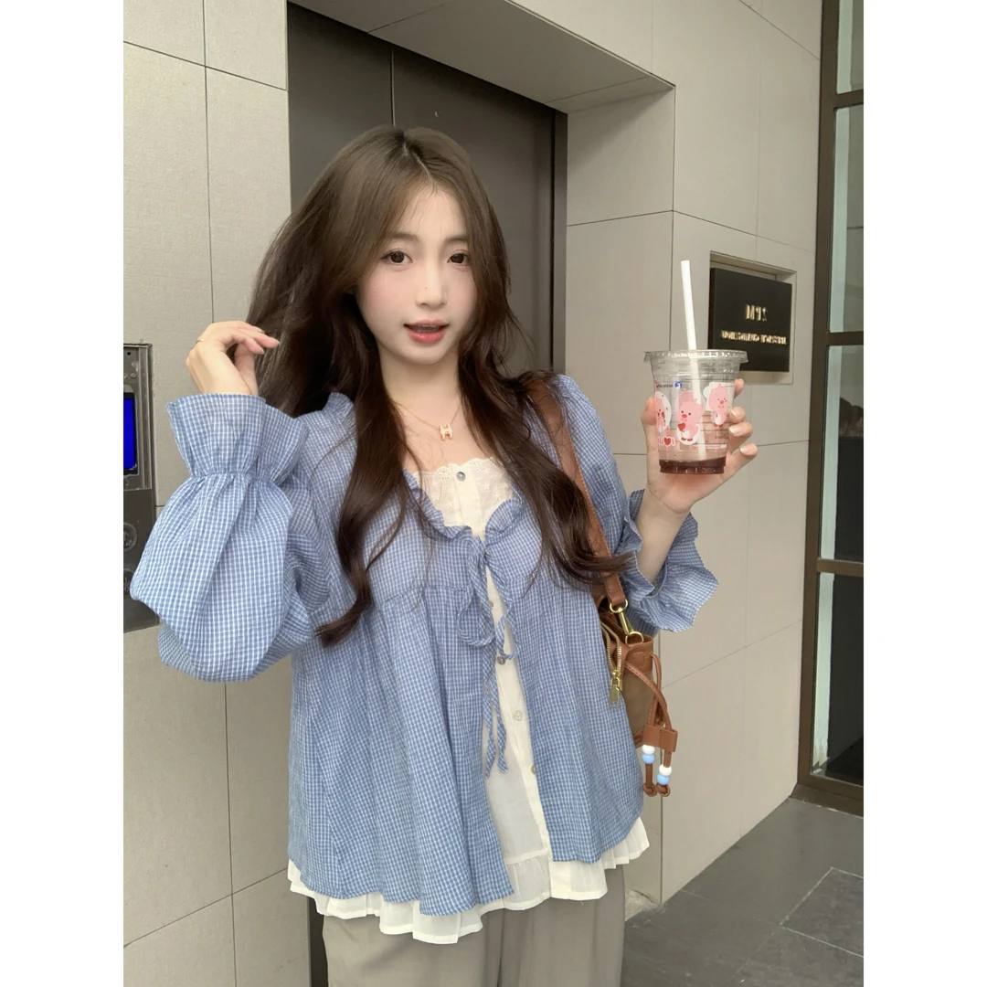 【贝蒂】大码胖mm新款韩版重工衬衫设计感系带假两件百搭甜美上衣女