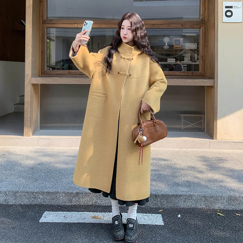新中式国风双面羊毛呢外套女2025新款超好看的慵懒风黄色呢子大衣