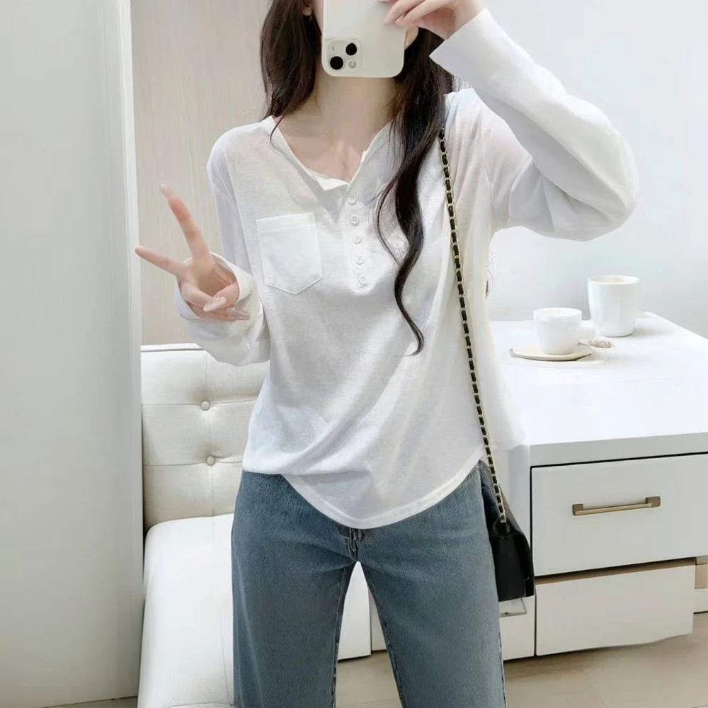 雪花棉薄款白色T恤女长袖2026春秋新款小个子宽松显瘦不规则上衣