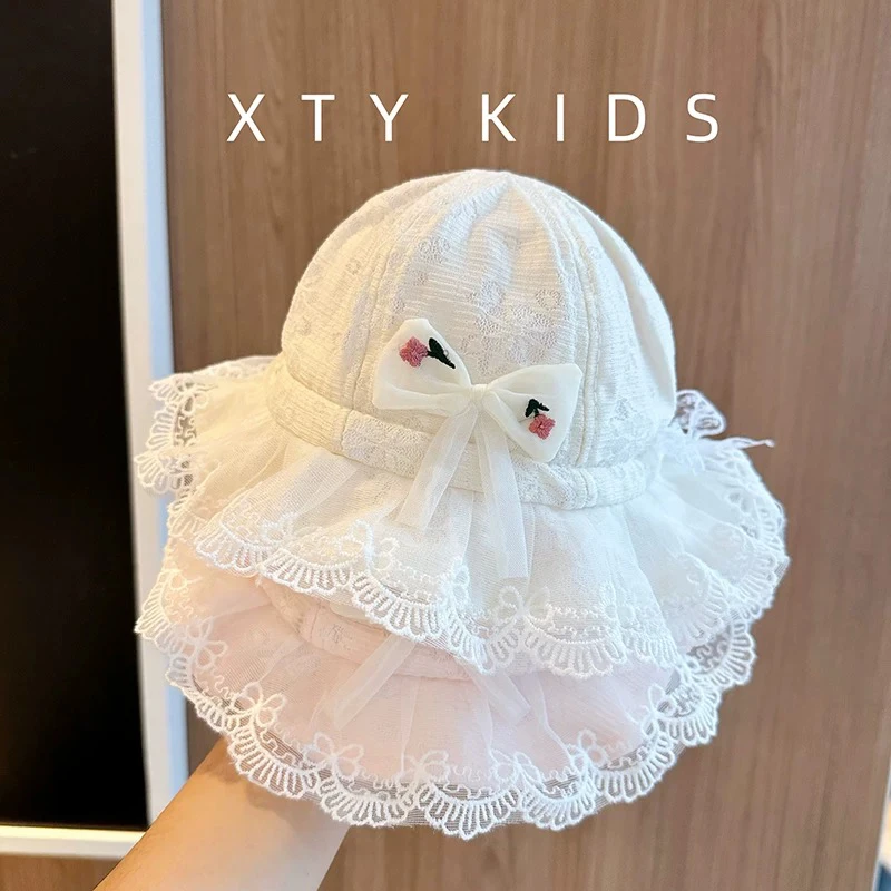 婴儿帽子夏季韩版渔夫帽可爱公主花边蝴蝶结洋气宝宝遮阳盆帽女童