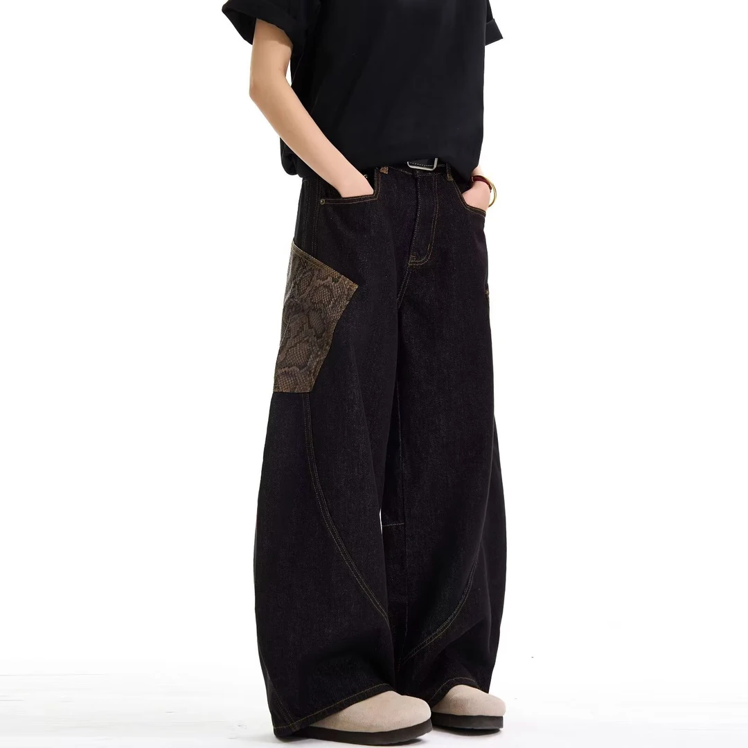 蛇年限定美式复古蟒纹大口袋弯刀牛仔裤男女宽松阔腿镰刀裤