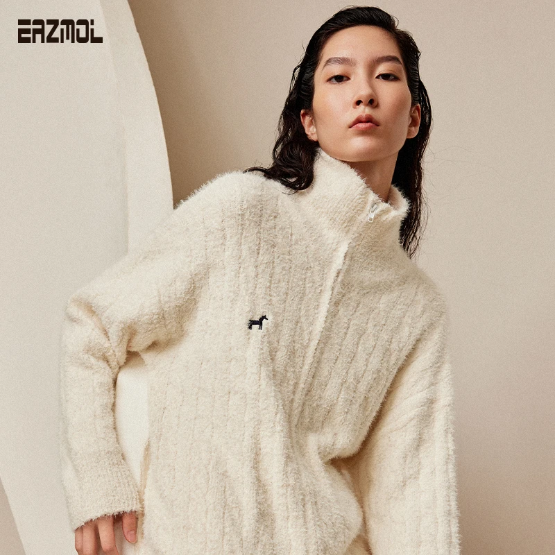 EAZMOL立领小马刺绣开衫家居服套装女冬仿貂绒半边绒加厚保暖睡衣