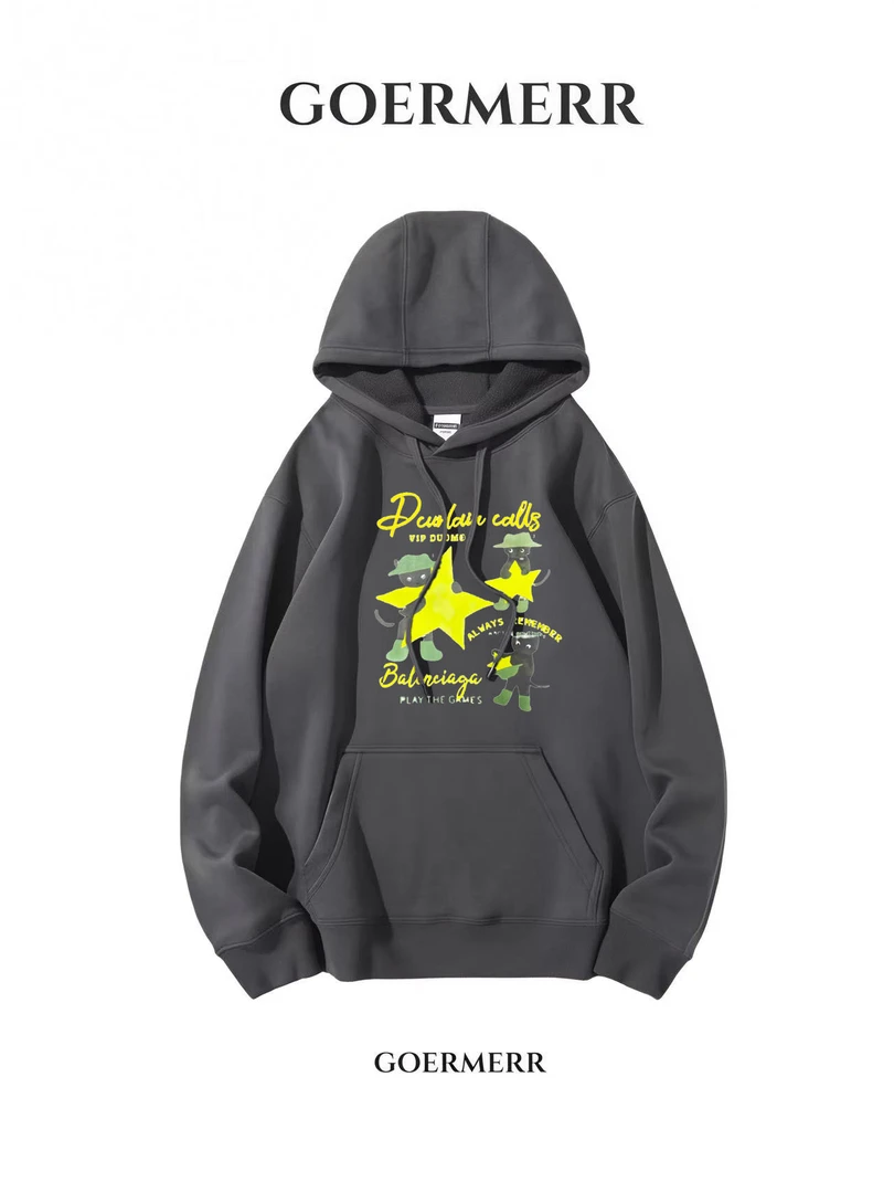 秋冬宽松型连帽欧美印花连帽卫衣休闲春秋加绒运动时尚上衣