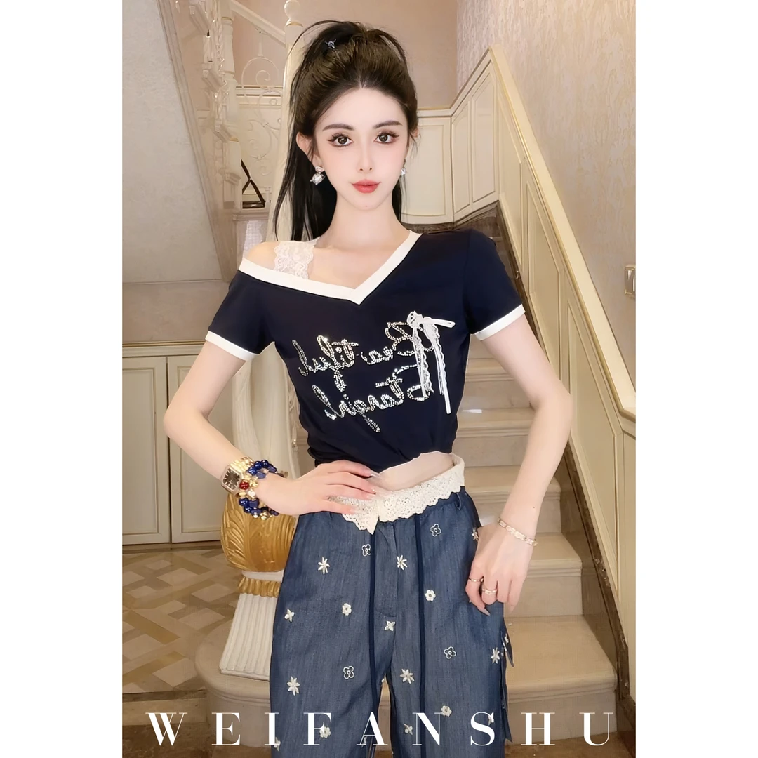 WEIFANSHU/魏凡舒【欲拒还甜】夏季新款设计感斜肩印花百搭T恤上衣